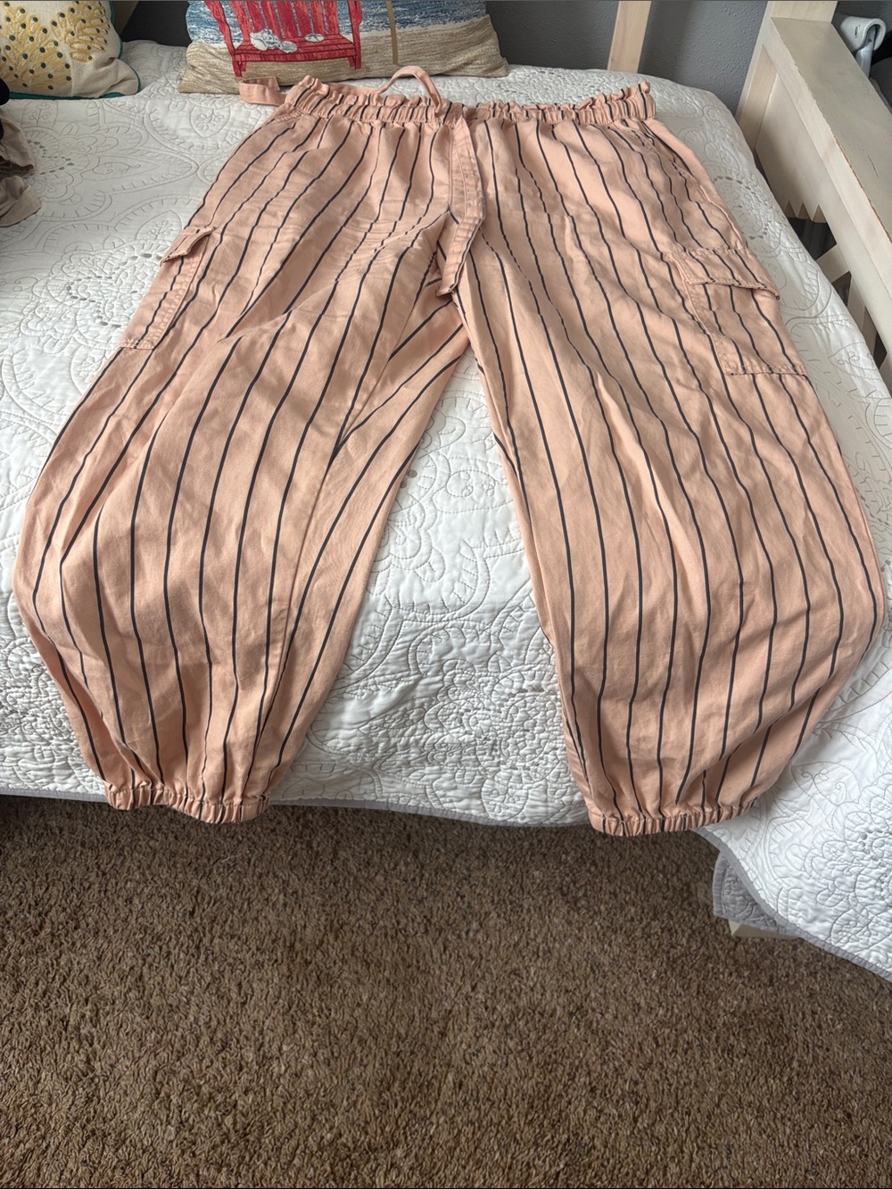 Peach Stripe Elastic-Waist Cargo Joggers pants Loft